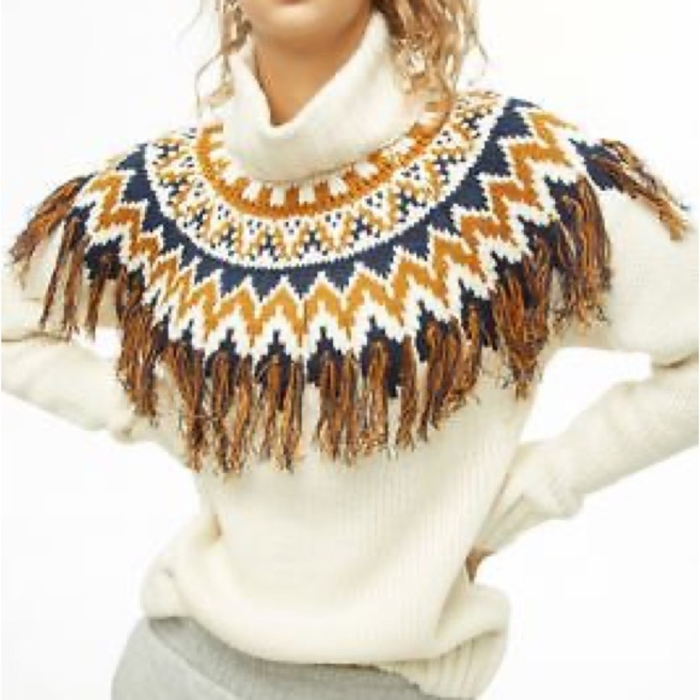 Forever 21 Cream Multi Tasseled Turtleneck Sweater